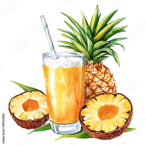 A watercolor of pineapple coconut juice, isolated on a white background. Pineapple coconut juice vector.
