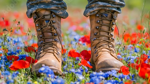 Close-up of worn military boots standing in a vibrant field of red poppies and blue flowers.  A powerful image representing remembrance and peace. photo