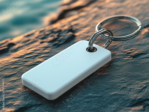 Blank White Tag Keychain on Textured Stone Surface in Natural Light photo