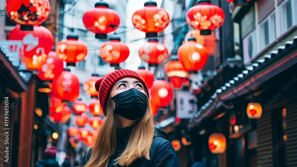Woman in a red beanie looks up at glowing lanterns in a bustling alley during evening hours in an urban setting Woman in a red beanie looks up at glowing lanterns in a bustling alley during evening hours in an urban setting