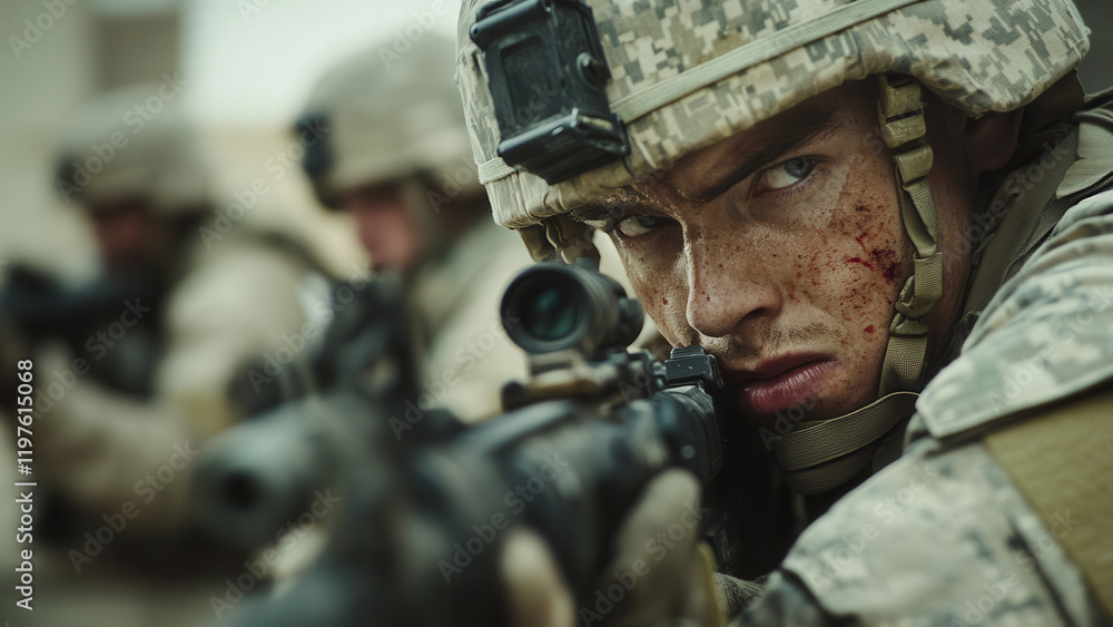 Fototapeta premium Army soldier aiming down sights of rifle gun, modern warfare conecpt background