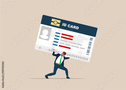 Young stressful sad businessman clerk carry ID card on his back. Financial crisis and credit payment. Business, mental stress, bankruptcy, debt concept. Personal business card. Vector illustration
