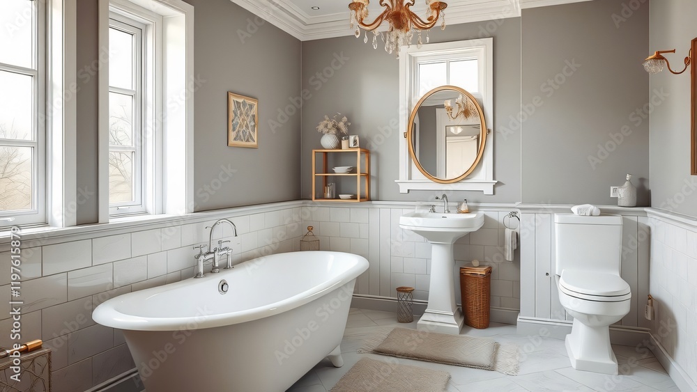 Luxurious Freestanding Bathtub in Elegant Grey Bathroom Luxurious Freestanding Bathtub in Elegant Grey Bathroom