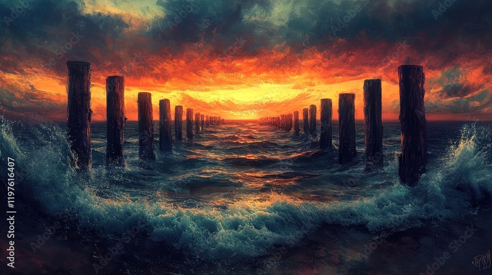 Dramatic sunset over ocean pier with crashing waves. Dramatic sunset over ocean pier with crashing waves.