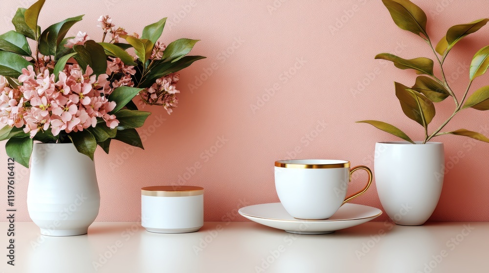 Elegant Arrangement of Flowers and White Ceramics on Soft Pink Background Elegant Arrangement of Flowers and White Ceramics on Soft Pink Background