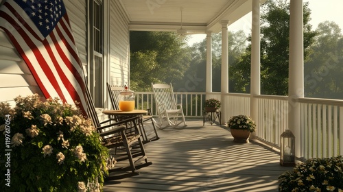 Front porch with an American flag, rocking chairs and a small table generative ai