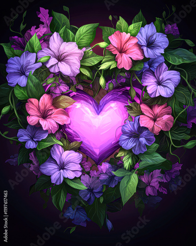 Floral heart arrangement nature graphic art dark background creative concept photo