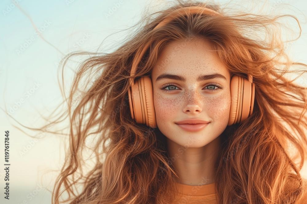 A young woman with freckles enjoying music on a beach, wearing orange headphones and a smile. A young woman with freckles enjoying music on a beach, wearing orange headphones and a smile.