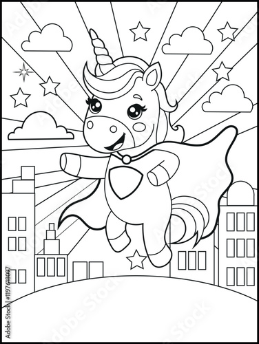 Superhero Unicorn Coloring Page for Kids. A Fun and Printable Black and White Activity Sheet for Kindergarten.
