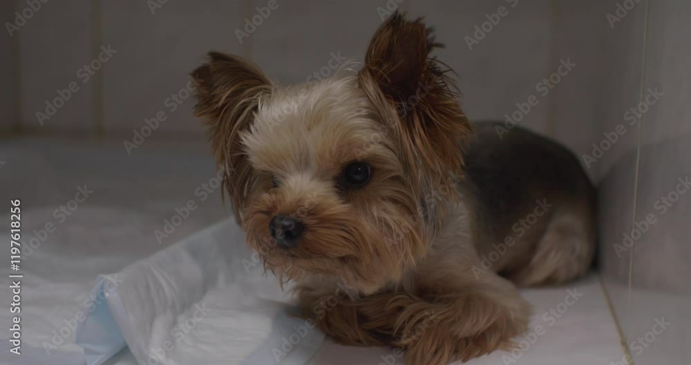 A small Yorkshire terrier dog lies on a litter in the boxing of a veterinary hospital in treatment. A small dog shakes with excitement in an unfamiliar place in a veterinary clinic. A small Yorkshire terrier dog lies on a litter in the boxing of a veterinary hospital in treatment. A small dog shakes with excitement in an unfamiliar place in a veterinary clinic.