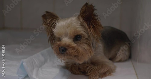 A small Yorkshire terrier dog lies on a litter in the boxing of a veterinary hospital in treatment. A small dog shakes with excitement in an unfamiliar place in a veterinary clinic.