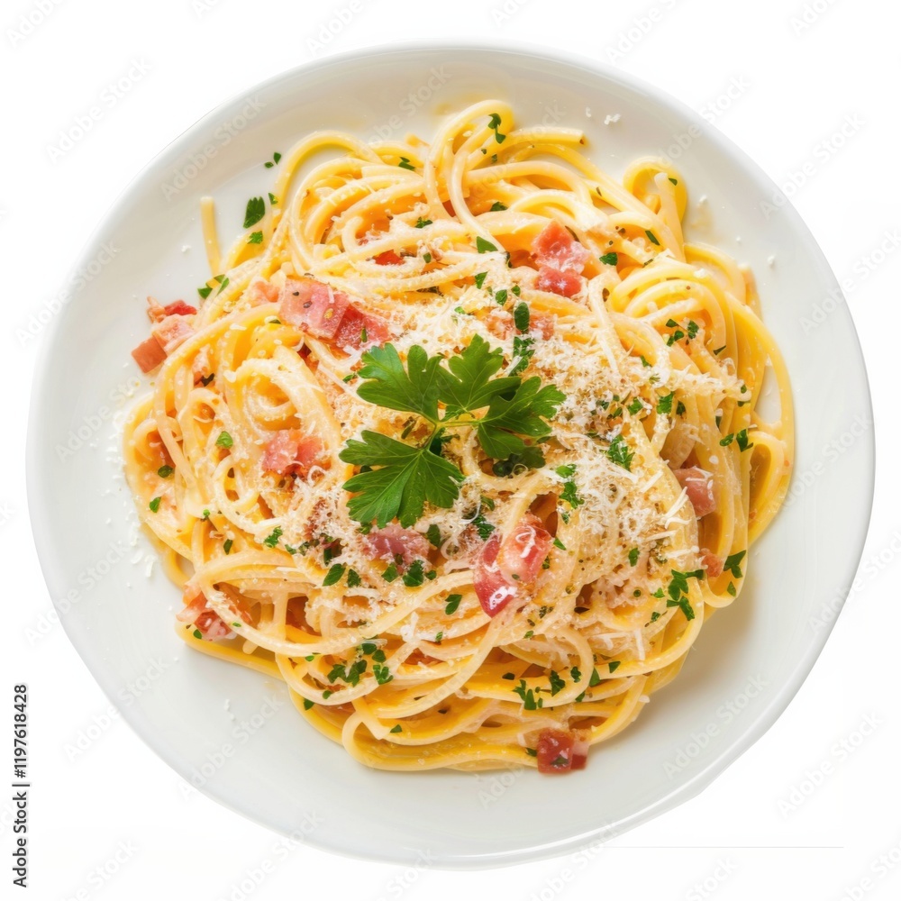 A serving of spaghetti carbonara with creamy sauce, crispy pancetta, and grated parmesan A serving of spaghetti carbonara with creamy sauce, crispy pancetta, and grated parmesan