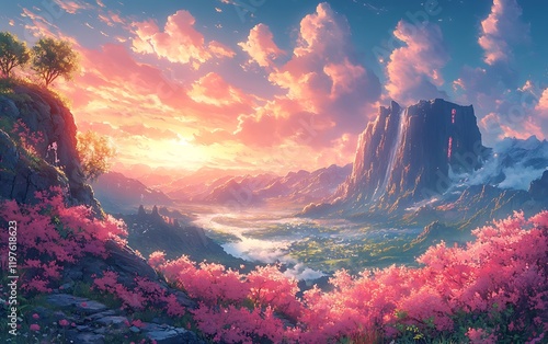 Tranquil Dawn Blossom Hilltop Landscape Artwork