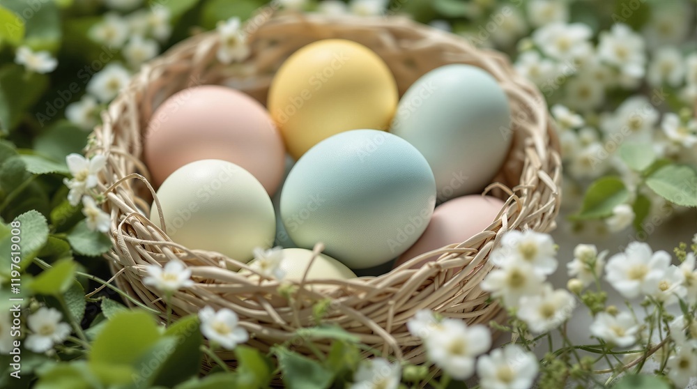 Eggs dyed with plant-based colors, placed in baskets made of natural fibers, surrounded by green plants and flowers, harmony with nature Eggs dyed with plant-based colors, placed in baskets made of natural fibers, surrounded by green plants and flowers, harmony with nature