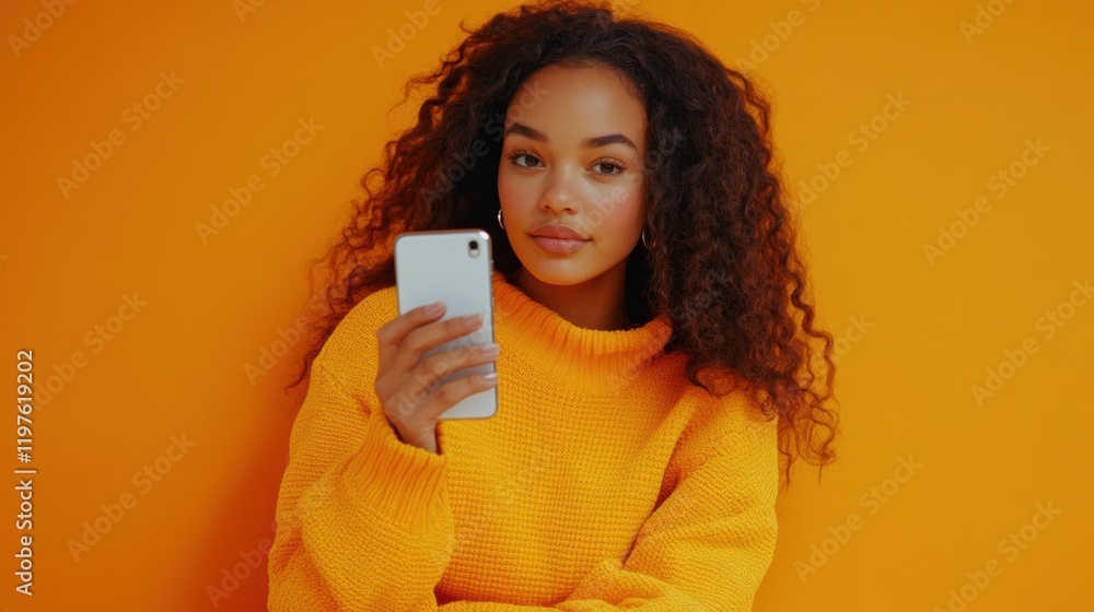 Young woman with curly hair holding phone on orange backdrop Young woman with curly hair holding phone on orange backdrop