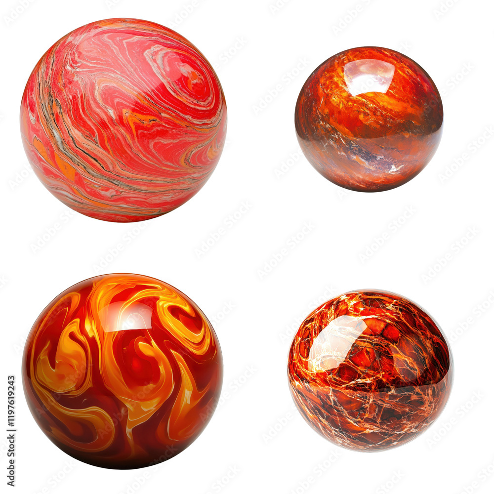 Four colorful marbles arranged on a flat surface showcasing different colors and patterns on white background , cut out. Four colorful marbles arranged on a flat surface showcasing different colors and patterns on white background , cut out.