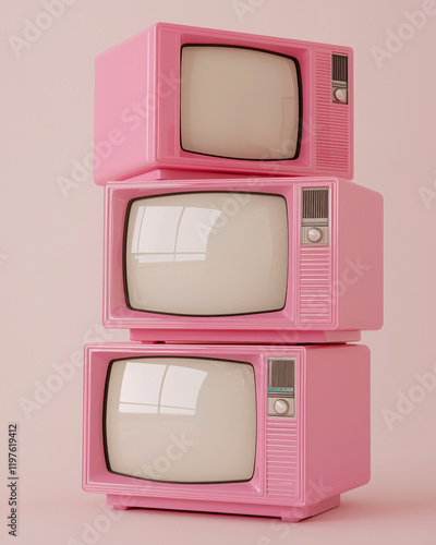 A quirky stack of three vintage-style pink televisions with rounded screens, set against a matching pastel pink background.  
