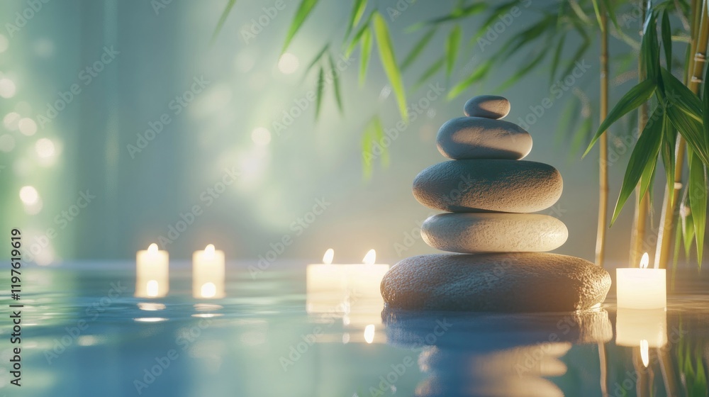 Serene stones balanced on water with candles and bamboo. Serene stones balanced on water with candles and bamboo.