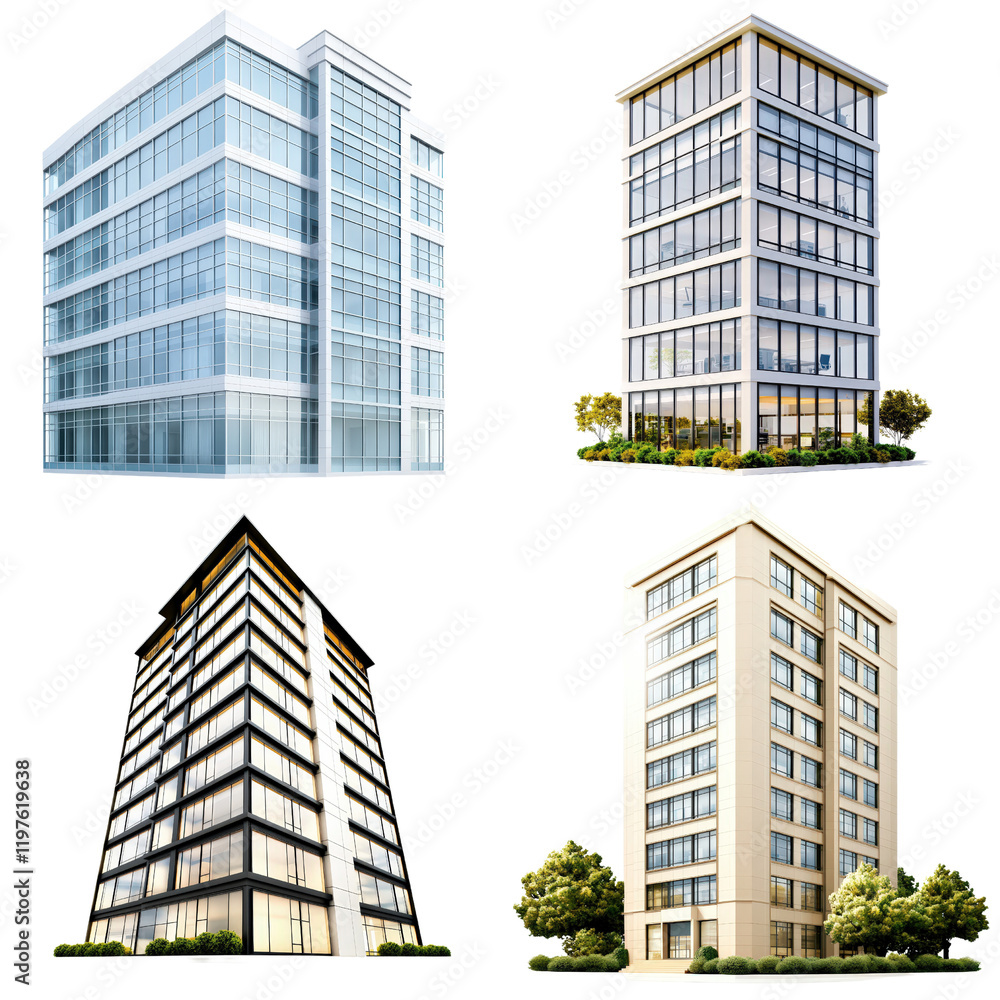 Obraz premium Four distinct types of modern architecture showcasing diverse building designs and styles on white background , cut out.