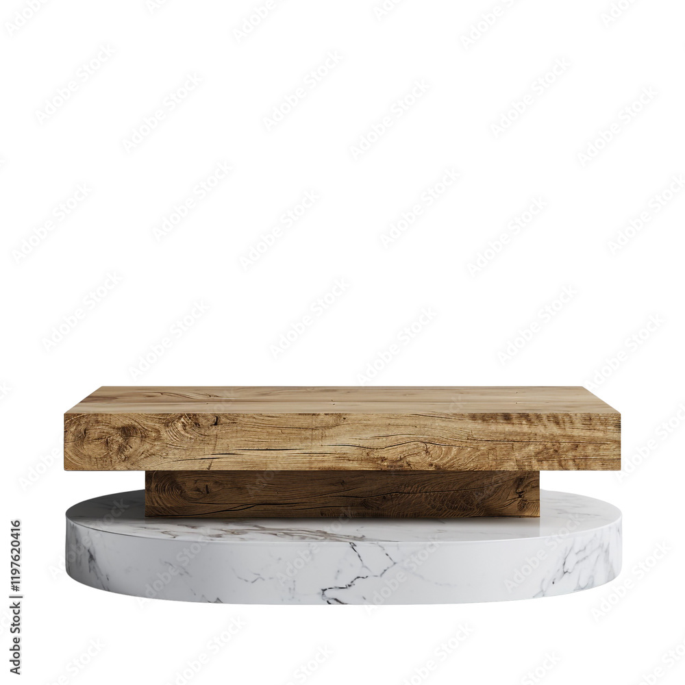 Fototapeta premium Rustic wooden top and marble base display stand product photography isolated on transparent background perfect for showcasing items