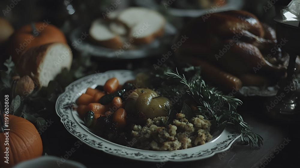 Fototapeta premium A dimly lit Thanksgiving feast. A plate of roasted vegetables, stuffing, and herbs sits in the foreground. A roasted turkey and bread are blurred in the background, adding to the moody atmosphere.
