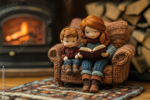 A girl and a boy doll sit on an armchair by a fireplace, reading a book together.