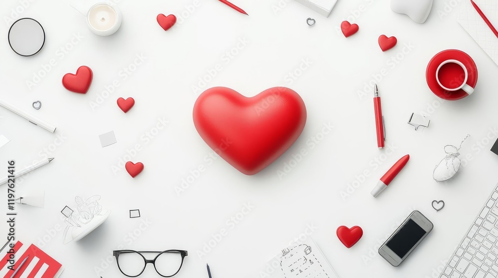 Flat lay design with red heart and office supplies for love theme. Flat lay design with red heart and office supplies for love theme.