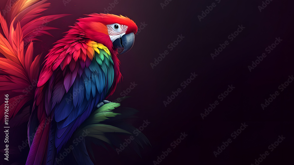 Vibrant illustration of a scarlet macaw parrot perched on a branch, showcasing its iridescent plumage against a dark background. Rich colors and detailed feathers create a stunning visual. Vibrant illustration of a scarlet macaw parrot perched on a branch, showcasing its iridescent plumage against a dark background. Rich colors and detailed feathers create a stunning visual.