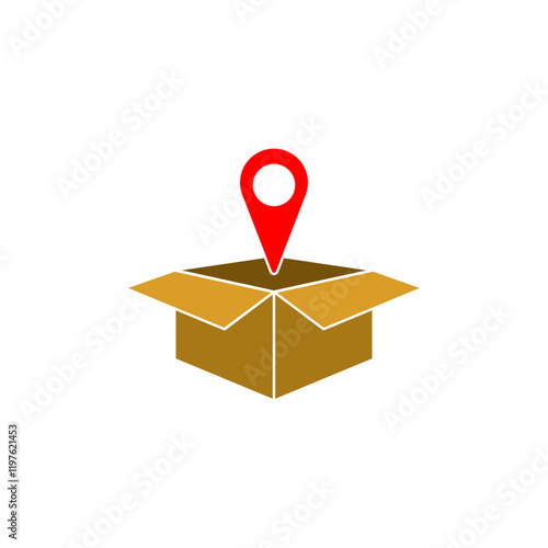 package box icon with location mark, simple flat style, logo sign symbol vector illustration pictogram, isolated on white for mobile app