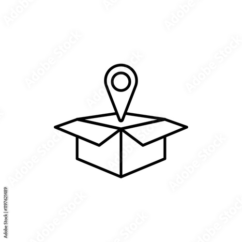 package box icon with location mark, simple flat style, logo sign symbol vector illustration pictogram, isolated on white for mobile app