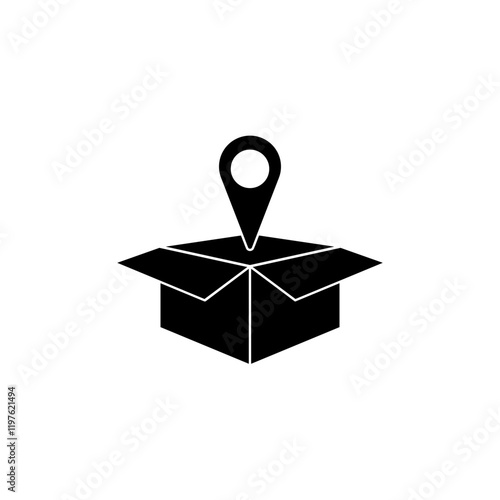 package box icon with location mark, simple flat style, logo sign symbol vector illustration pictogram, isolated on white for mobile app