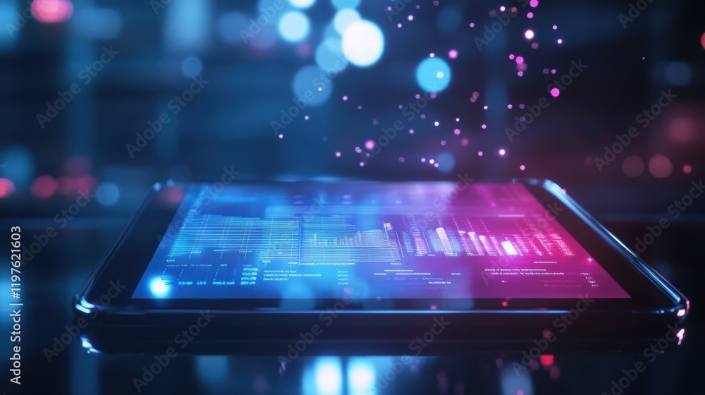 The shiny screen of a tablet illuminated in a factory setting highlights an elearning dashboard with analytics graphs representing skill development in safety practices and operational The shiny screen of a tablet illuminated in a factory setting highlights an elearning dashboard with analytics graphs representing skill development in safety practices and operational