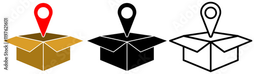 package box icon with location mark, simple flat style, logo sign symbol vector illustration pictogram, isolated on white for mobile app