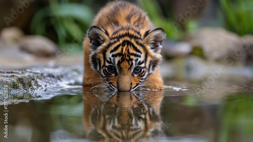 Young tiger cub drinking from still water in lush environment