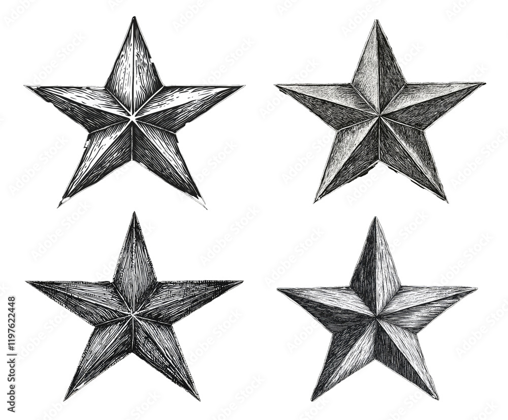 Obraz premium Four metallic stars available on transparent background.PNG