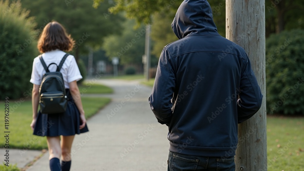 Obraz premium Hooded Figure Watching a Schoolgirl Walking in a Quiet Residential Area