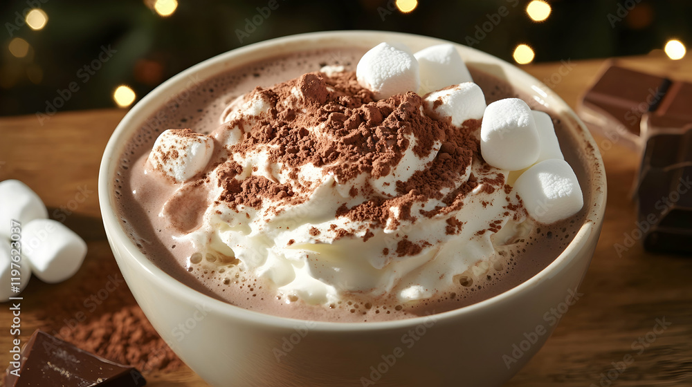 A bowl of hot chocolate topped with whipped cream, marshmallows and cocoa powder, placed on a wooden surface with a cozy ambiance A bowl of hot chocolate topped with whipped cream, marshmallows and cocoa powder, placed on a wooden surface with a cozy ambiance