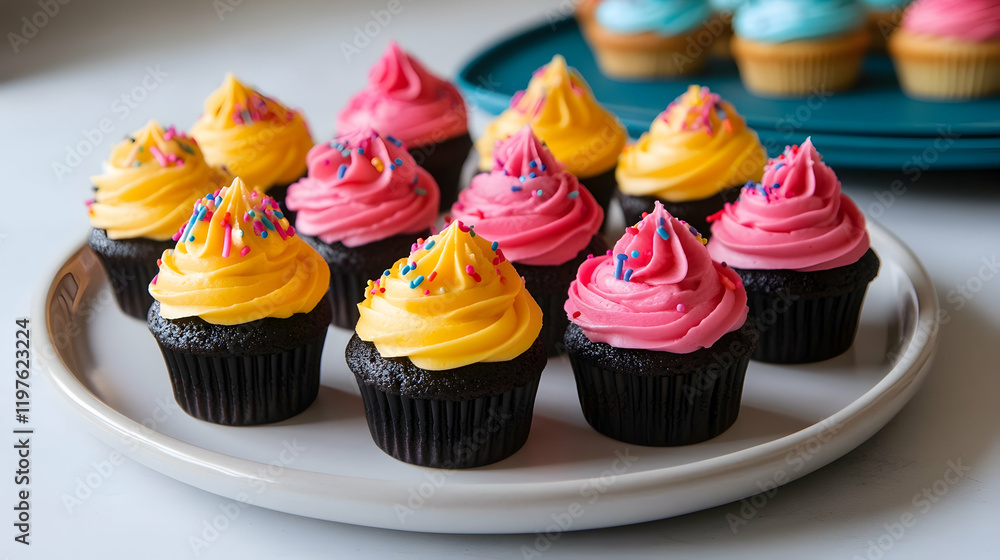 A clean ceramic platter with an assortment of mini cupcakes, each topped with vibrant frosting and sprinkles A clean ceramic platter with an assortment of mini cupcakes, each topped with vibrant frosting and sprinkles