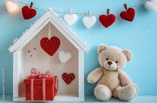 Romantic Valentine s Day Teddy Bear Gift Scene with Decorated House and Hearts photo