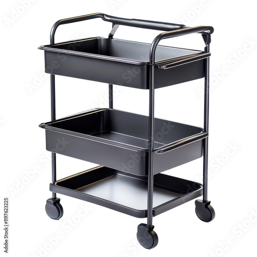 Black rolling cart with three tiers and wheels on a transparent background for versatile storage solutions, Black Rolling cart isolated on transparent background photo