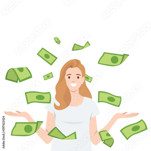 Happy Woman Surrounded by Money. Flat vector illustration isolated on white background