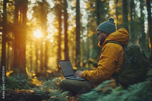 Person Working on Laptop in Serene Forest Setting
