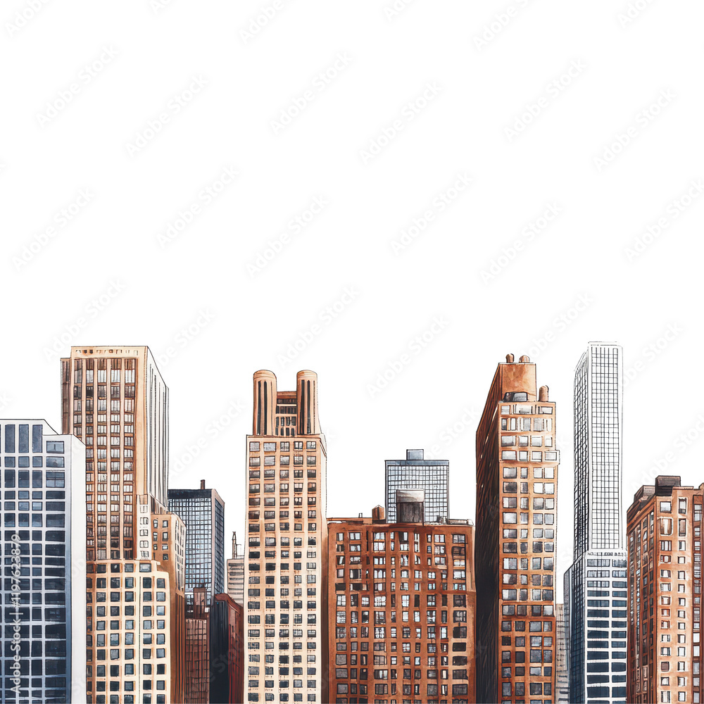 Fototapeta premium A vibrant city skyline showcasing tall buildings in close proximity during a clear day, a city skyline with tall buildings in close proximity, transparent background.