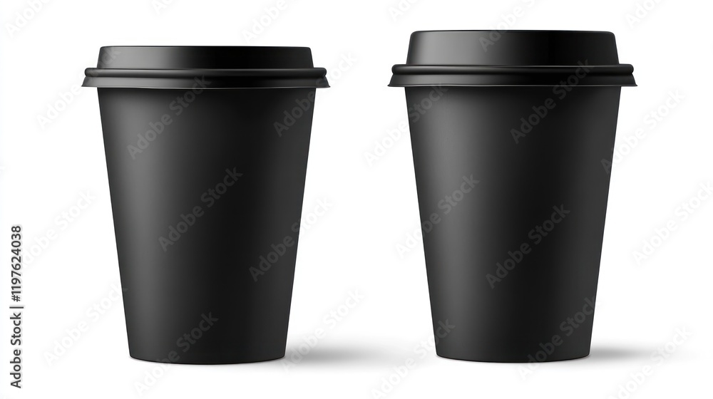 Two black disposable coffee cups with lids, isolated on white background. Two black disposable coffee cups with lids, isolated on white background.