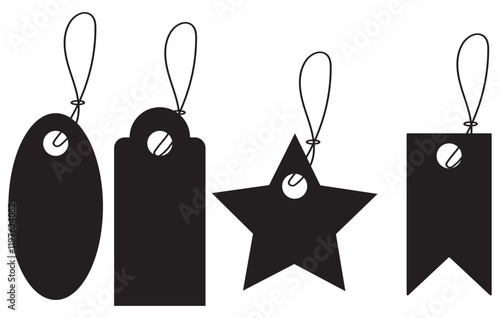 Set of blank hanging tags in various colors with strings, ideal for labeling, pricing, and branding concepts labels, and price tags on a transparent background. Realistic mockup price tag.