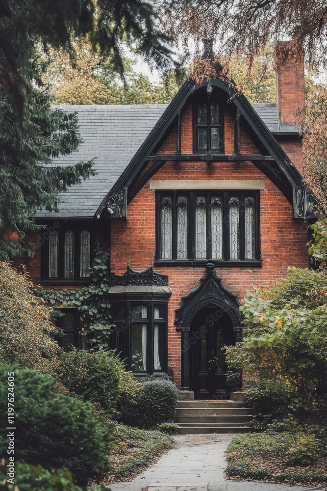 A charming Victorian-style brick house stands proudly amidst vibrant green foliage, enveloped by a tranquil neighborhood bathed in the warm hues of autumn A charming Victorian-style brick house stands proudly amidst vibrant green foliage, enveloped by a tranquil neighborhood bathed in the warm hues of autumn