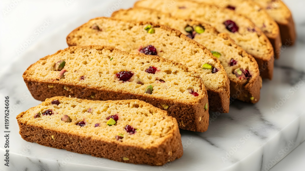 A clean presentation of golden biscotti slices with visible pistachio and cranberry pieces, arranged on a marble tray A clean presentation of golden biscotti slices with visible pistachio and cranberry pieces, arranged on a marble tray