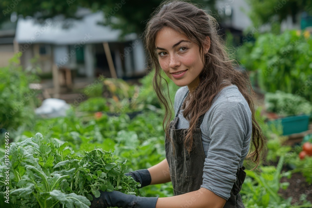 Young Woman Cultivating Fresh Vegetables in Garden Young Woman Cultivating Fresh Vegetables in Garden