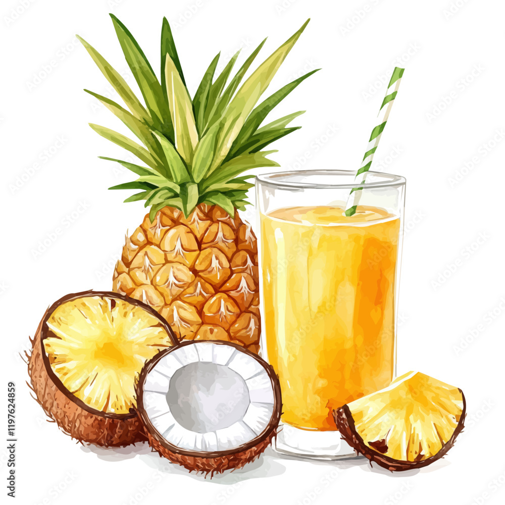 A watercolor of a pineapple coconut juice, isolated on a white background. Pineapple coconut juice vector.
A watercolor of a pineapple coconut juice, isolated on a white background. Pineapple coconut juice vector.