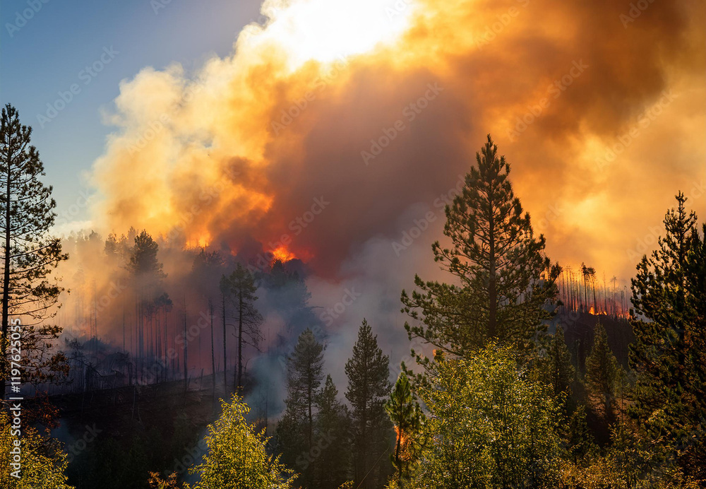 A burning part of the forest, rising thick smoke that obscures the sun. A burning part of the forest, rising thick smoke that obscures the sun.
